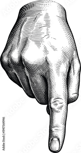 Hand pointing down gesture with index finger in vintage style