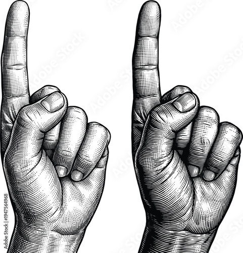 Two hands with index finger pointing up gesture in vintage style