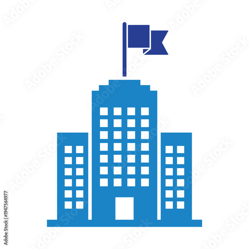Corporate office building with flag icon - business headquarters or university campus vector with flag symbol