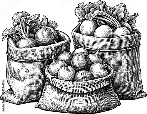 Bags of beets and onions in burlap sacks