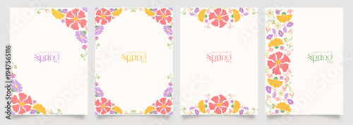Set of elegant spring greeting card templates with colorful floral borders and “welcome spring” typography. Soft pastel flowers frame minimal backgrounds with generous copy space.