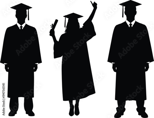Graduation silhouettes of male and female students in cap and gown celebrating achievement holding diploma isolated vector style academic success concept