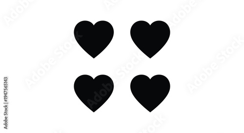 Four black heart shapes are arranged on a white background creating a simple design silhouette