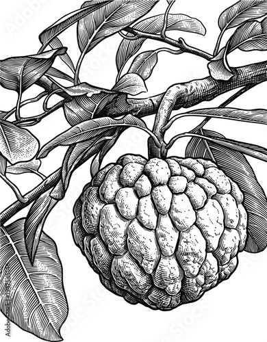 Detailed engraving illustration of a custard apple hanging from tree branch