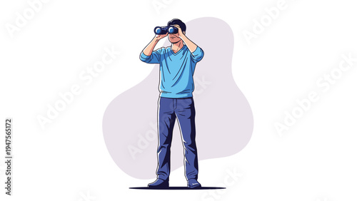 Young man in a blue sweater stands alone against a simple background while looking through binoculars to observe distant objects.