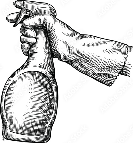 Gloved hand holding plastic spray bottle for domestic cleaning chores