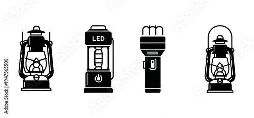 Collection of four black and white icons representing different types of portable lighting devices, including lanterns and flashlights