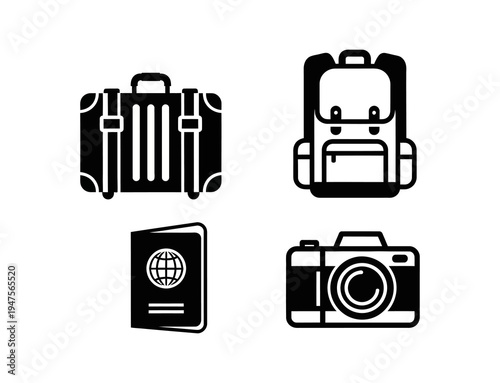 Essential travel and adventure icon set suitcase, backpack, passport, and camera. Perfect for depicting vacations, global journeys, and exploration graphics