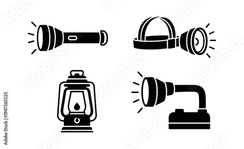 Black silhouette vector icons of portable lighting. Features flashlight, headlamp, and classic lantern, perfect for outdoor, camping, and emergency illumination