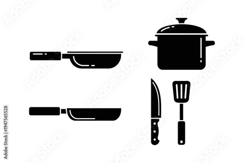 Collection of various cooking utensils including frying pans, a pot, a spatula, and a knife, presented as black silhouettes on a white background