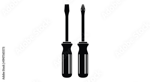 Two black screwdrivers are displayed against a white background showcasing tool design in silhouette high quality