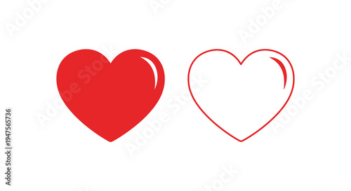 Two red hearts one solid and one outlined stand against a plain white background silhouette