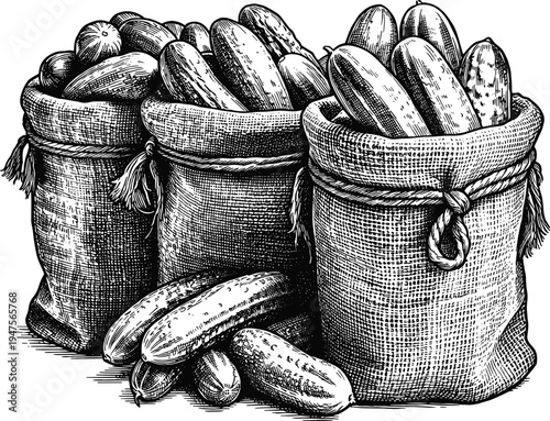 Sacks of cucumbers and scattered vegetables in vintage style