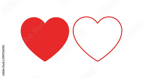 Two red hearts one solid and one outlined create a simple and striking visual silhouette