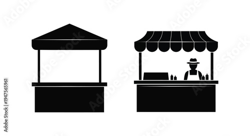 Two market stall icons one empty and one with a vendor depicted in a stark silhouette