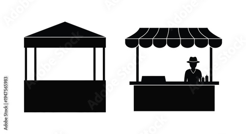 Two black market stall illustrations depict vendor setups with a distinctive silhouette high quality professional detailed