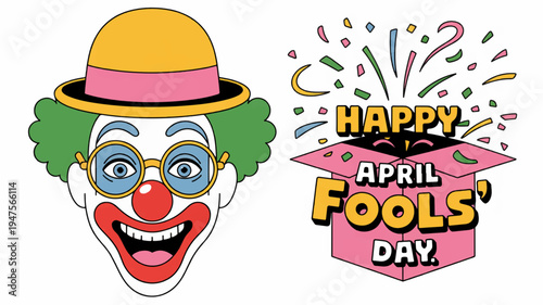 Colorful clown face with happy april fools' day text and confetti on white background