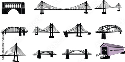 Bridge silhouette illustration, suspension cable arch truss covered bridge artwork, civil engineering vector design, architectural construction concept, transportation infrastructure artwork