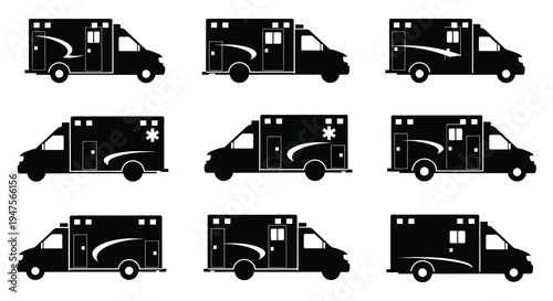 A collection of nine black ambulance silhouettes in various perspectives and styles silhouette high quality professional