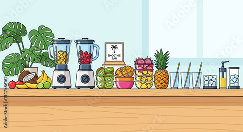 Blender and fruit on counter top.