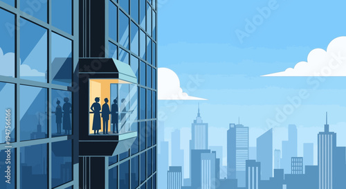 Business people standing in office window.