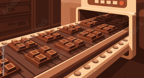 Chocolate bars on a conveyor belt.