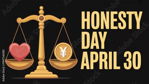 Honesty day april 30th symbol with heart and yen coin on balance scale