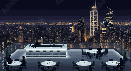 City Skyline at Night with Tables.
