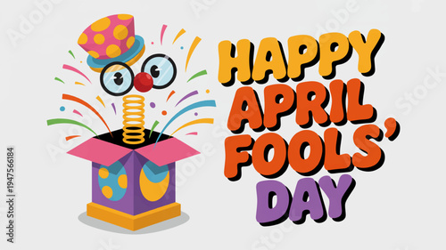 Colorful cartoon clown horn pops out of gift box with confetti on happy april fools' day