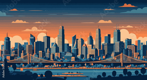 City Skyline at Sunset with Buildings.