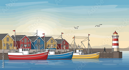 Colorful fishing boats in a harbor.