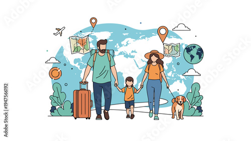 Family with a child and a dog travel together around the world with a map and airplane icons symbolizing international tourism.