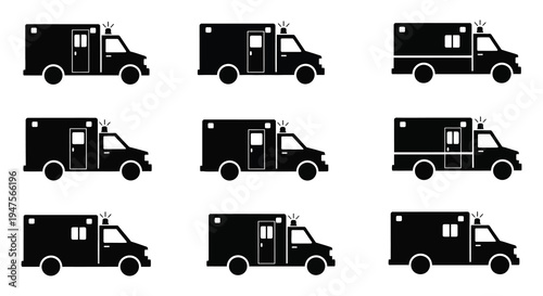 Nine black ambulance icons are arranged in a grid pattern showcasing a simple silhouette high quality