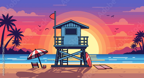 Lifeguard tower on sandy beach shore.