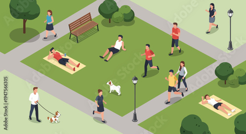 Isometric City Park Vector Illustration with People Relaxing, Jogging, and Walking Dogs on a Sunny Day