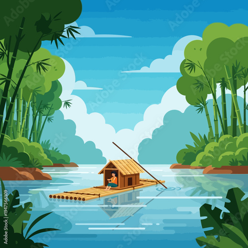 Man on a wooden raft house.