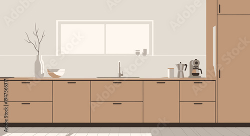 Modern kitchen brown wooden cabinets.