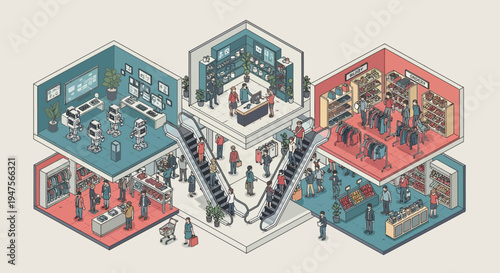 Isometric Illustration of a Modern Multi-level Shopping Mall with Retail Stores, People, Escalators, and Advanced Robotics Lab
