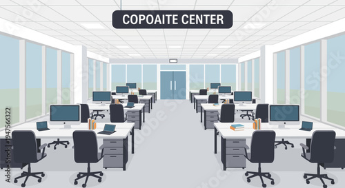 Modern Office Cubicles with Computers.