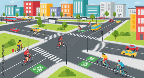 People Riding Bicycles on Roadway.