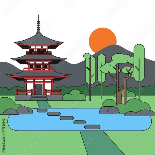 Pagoda building with red and black roof.