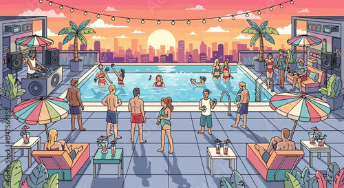 People at a swimming pool party.