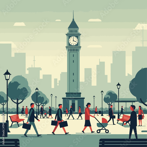 People walking in city square area.