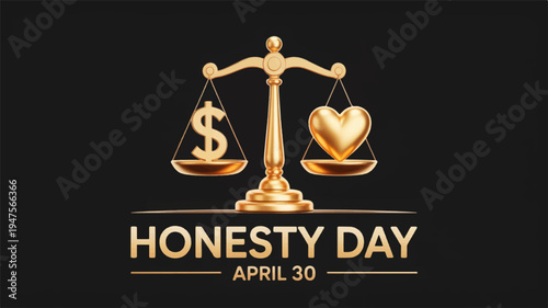 Golden scales with dollar sign and heart on honesty day april 30 symbolizing balance between finance and emotions