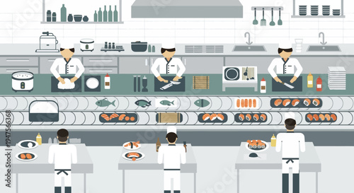 People working in a commercial kitchen.