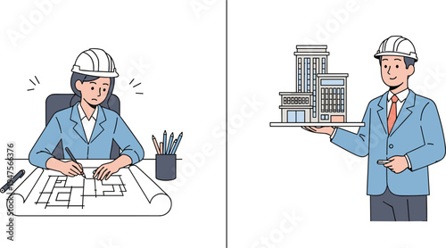 Architect drawing building blueprint and engineer presenting architectural model urban construction planning architecture design illustration