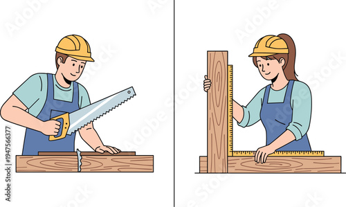 Carpenters working with wood using saw and measuring tools in workshop construction woodworking craftsmanship and carpentry illustration