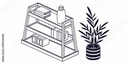 A modern wooden shelving unit with various items and a potted plant nearby.
