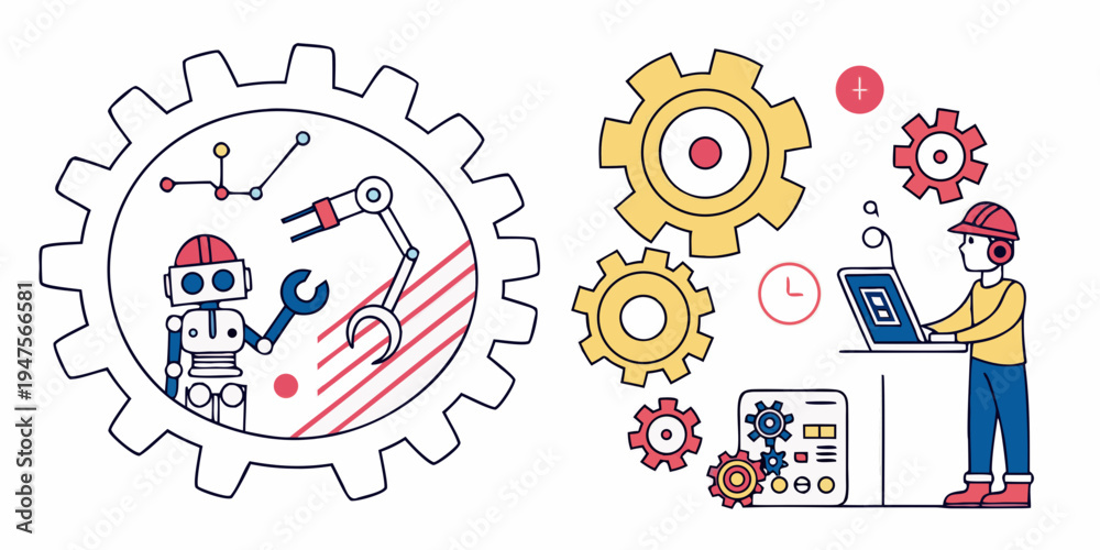Fototapeta premium Illustration of diverse people working together on gears and technology