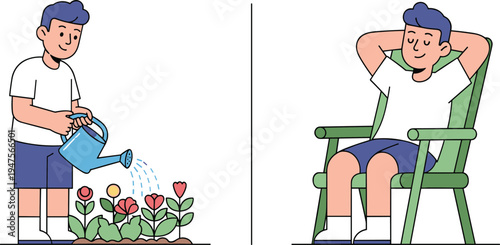 Cute cartoon boy watering garden flowers and relaxing on chair, gardening hobby lifestyle concept, outdoor home activity flat vector illustration